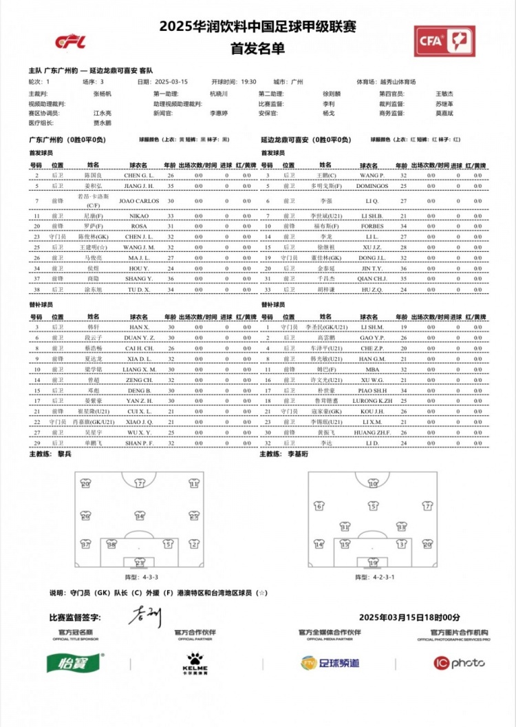  廣州豹vs延邊龍鼎首發(fā)：卡洛斯、羅薩、尼康三外援領銜廣州豹